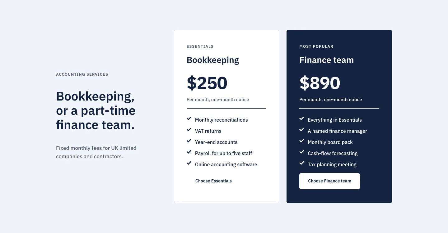Corporate Bookkeeping Pricing Section for Divi 5: Two-Plan Highlight, Agency Pricing layout built with Divi 5, desktop screenshot