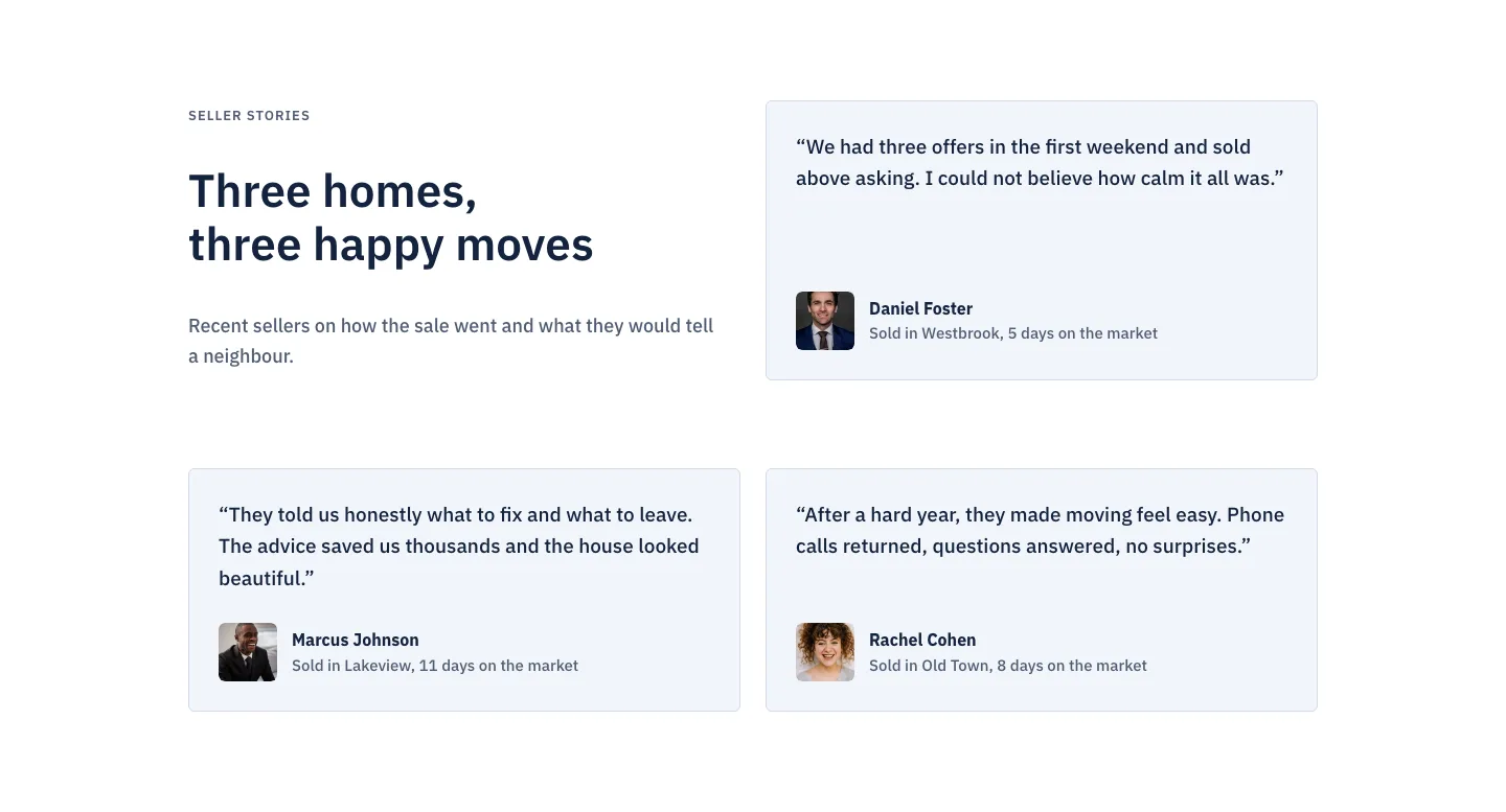 Corporate Home Sellers Testimonials Layout for Divi 5: Three Avatar Cards, Real Estate Testimonials layout built with Divi 5, desktop screenshot