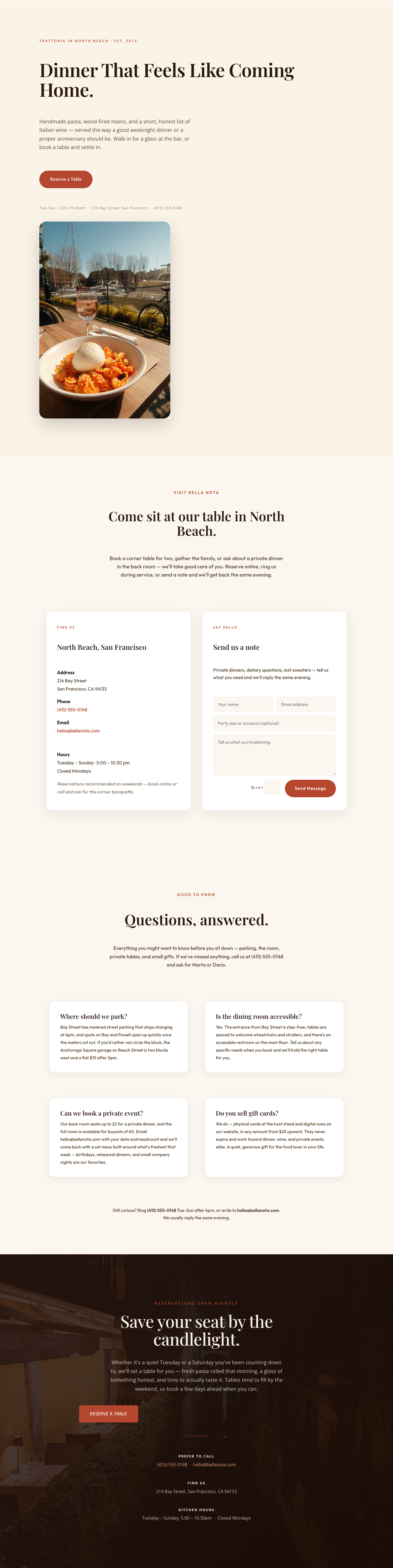 Bella Nota — Elegant Restaurant Contact Page for Divi 5 — desktop preview