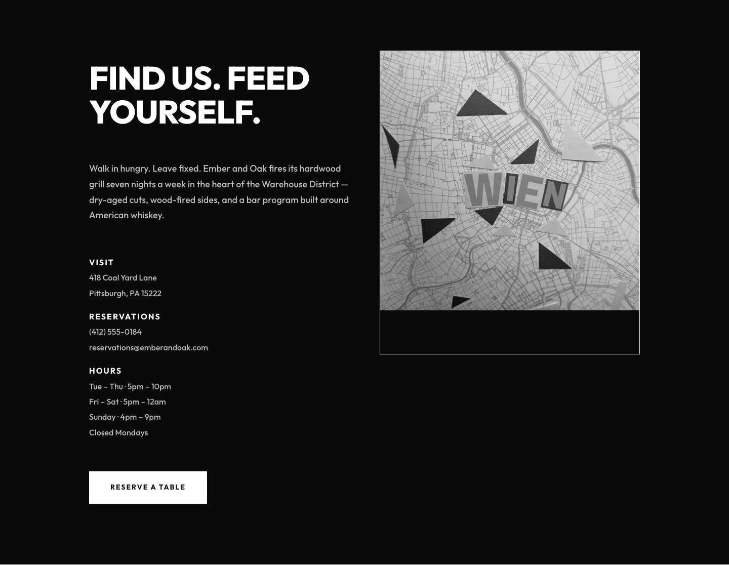 Ember & Oak Contact — Bold Restaurant Contact Layout for Divi 5 — desktop preview