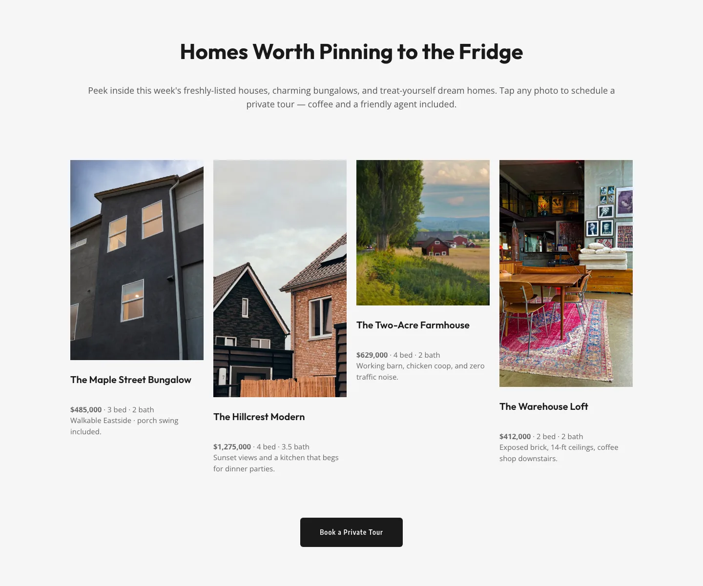 Playful Real Estate Listings Gallery — Free Divi 5 Layout — Real Estate Gallery layout built with Divi 5