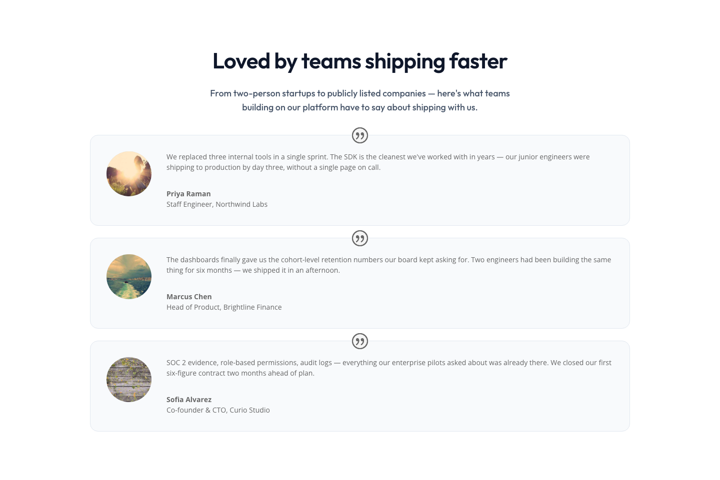 Minimal SaaS Testimonials Section — Three-Column Customer Quotes — desktop preview
