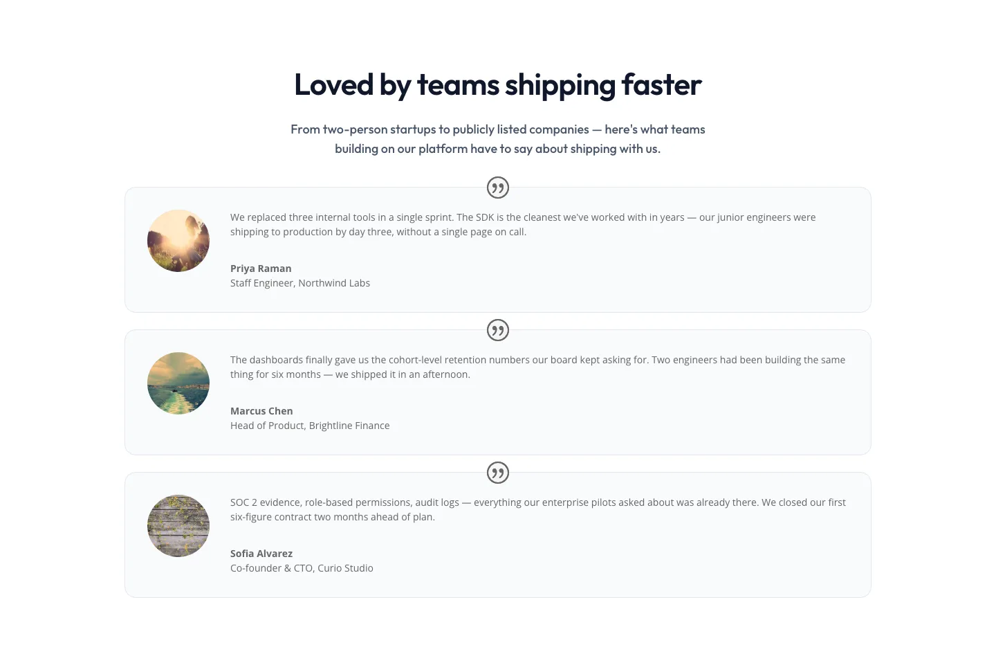 Minimal SaaS Testimonials Section — Three-Column Customer Quotes — SaaS Testimonials layout built with Divi 5