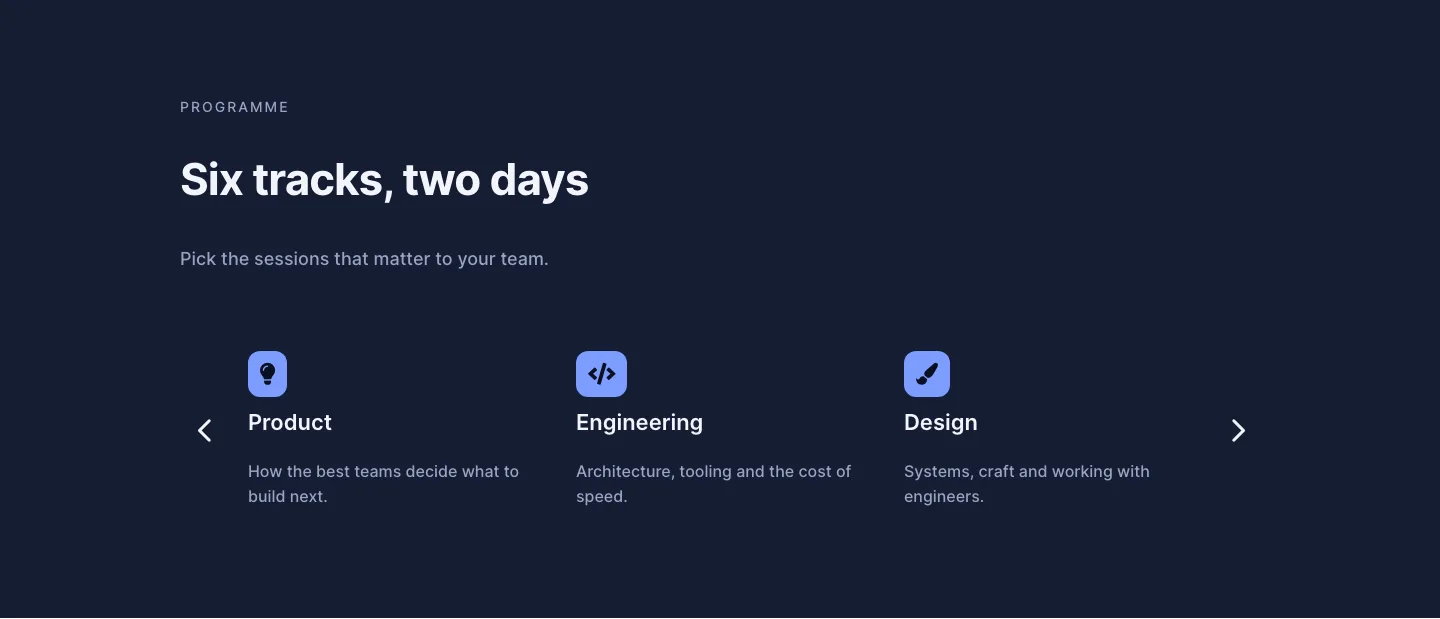 Dark Conference Tracks Features Layout for Divi 5: Carousel Cards, Events Features layout built with Divi 5