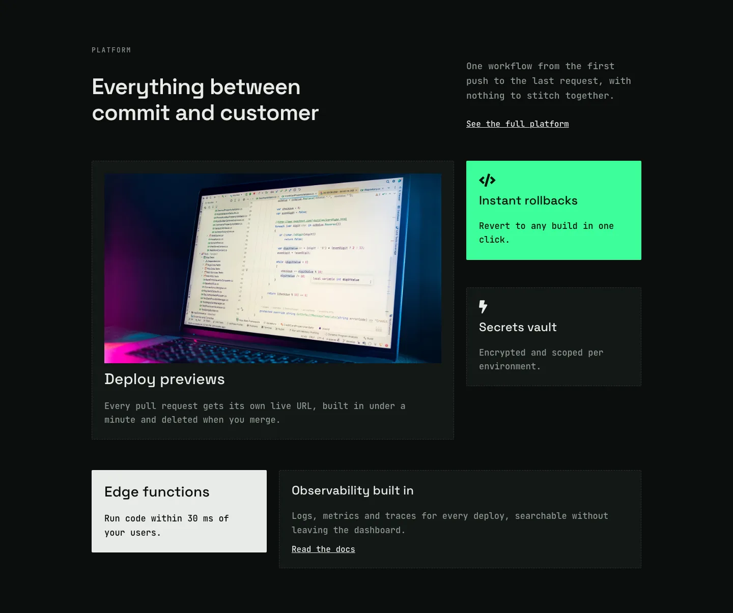 Dark Developer Platform Feature Cards Bento Layout for Divi 5, SaaS Cards layout built with Divi 5