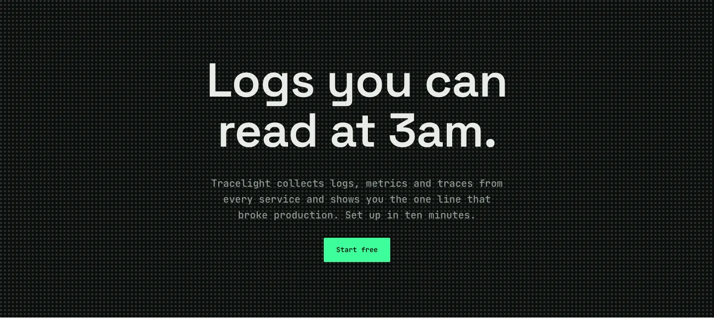Dark Developer SaaS Hero Section for Divi 5: Logs and Tracing Landing, SaaS Hero layout built with Divi 5, desktop screenshot