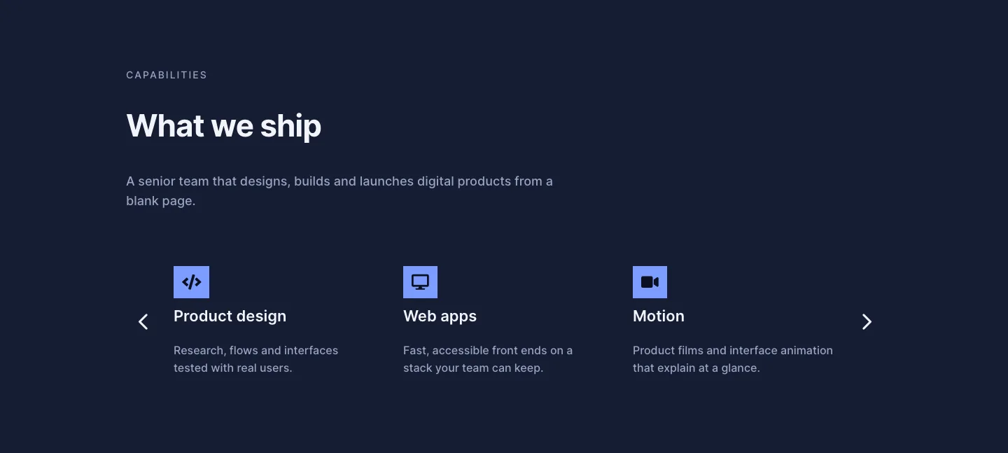 Dark Digital Agency Capabilities Cards Carousel Layout for Divi 5, Agency Cards layout built with Divi 5