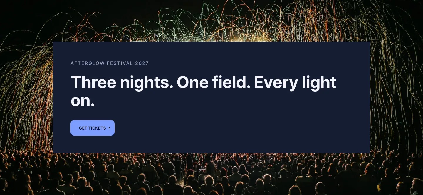 Dark Music Festival Hero Section for Divi 5: Night Events Layout, Events Hero layout built with Divi 5, desktop screenshot