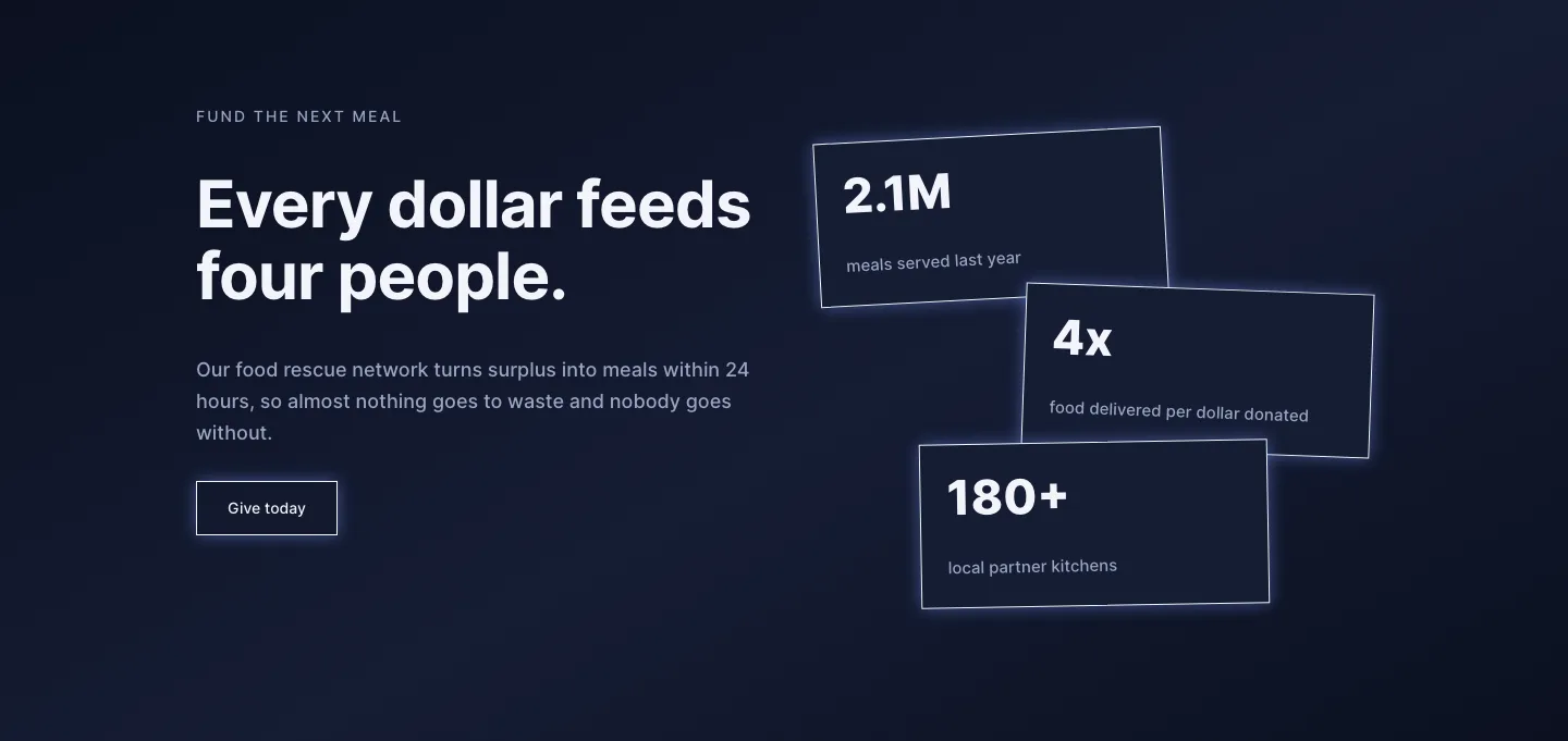 Dark Nonprofit Hero Section for Divi 5: Impact Statistics Gradient, Nonprofit Hero layout built with Divi 5, desktop screenshot