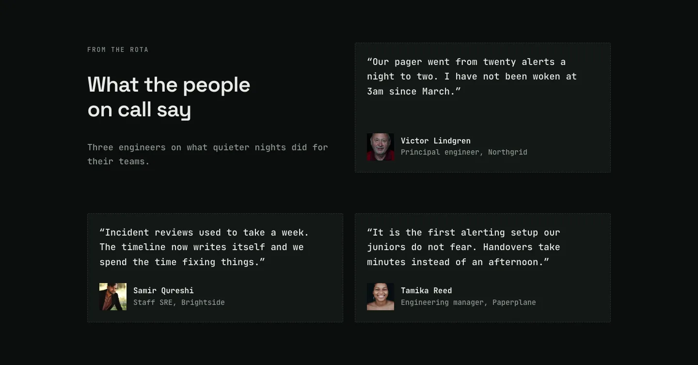 Dark On-Call Engineers Testimonials Layout for Divi 5: Three Avatar Cards, SaaS Testimonials layout built with Divi 5