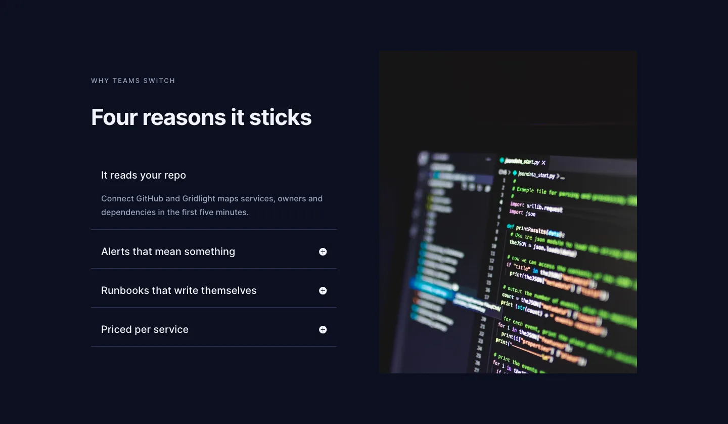 Dark SaaS Product Benefits Features Layout for Divi 5: Accordion with Image, SaaS Features layout built with Divi 5, desktop screenshot