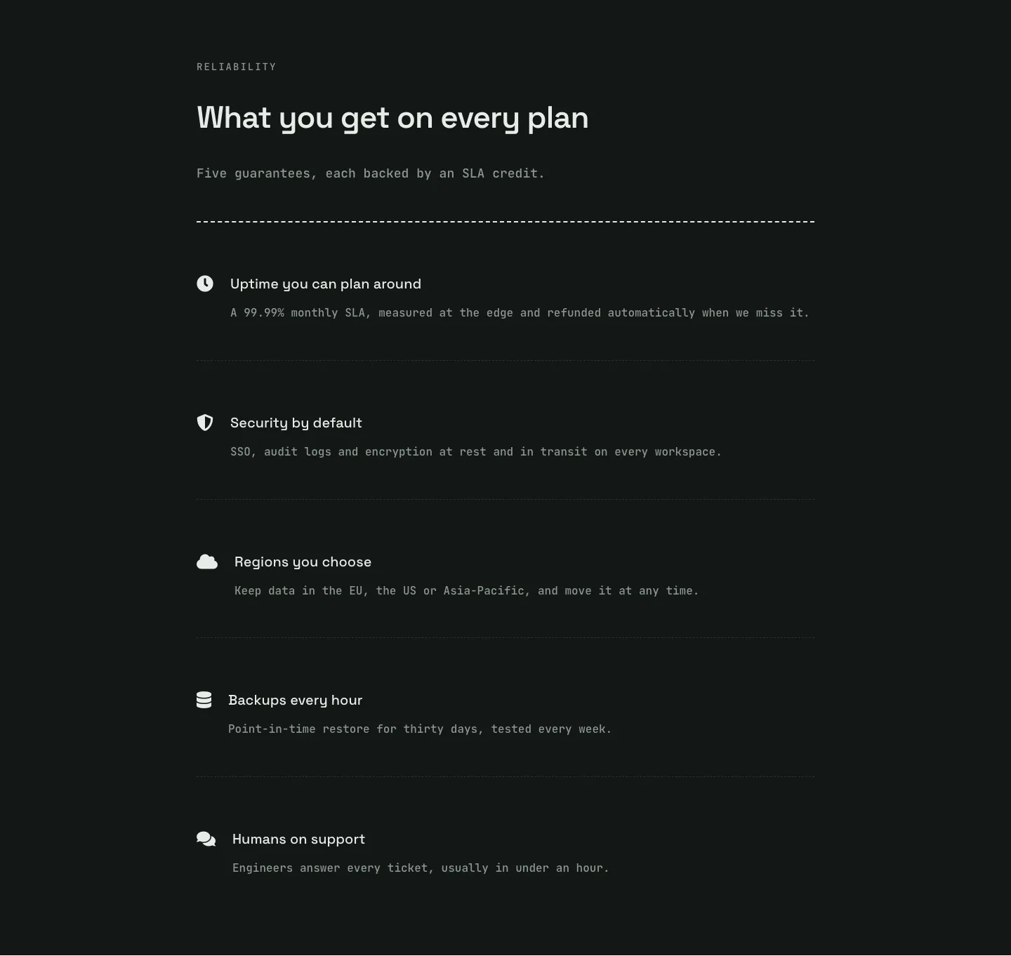 Dark SaaS Reliability Features Layout for Divi 5: Icon List with Dividers, SaaS Features layout built with Divi 5, desktop screenshot