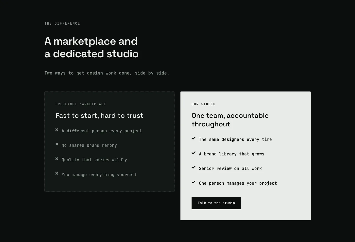 Dark Studio Agency Comparison Features Layout for Divi 5: Two Panels, Agency Features layout built with Divi 5, desktop screenshot