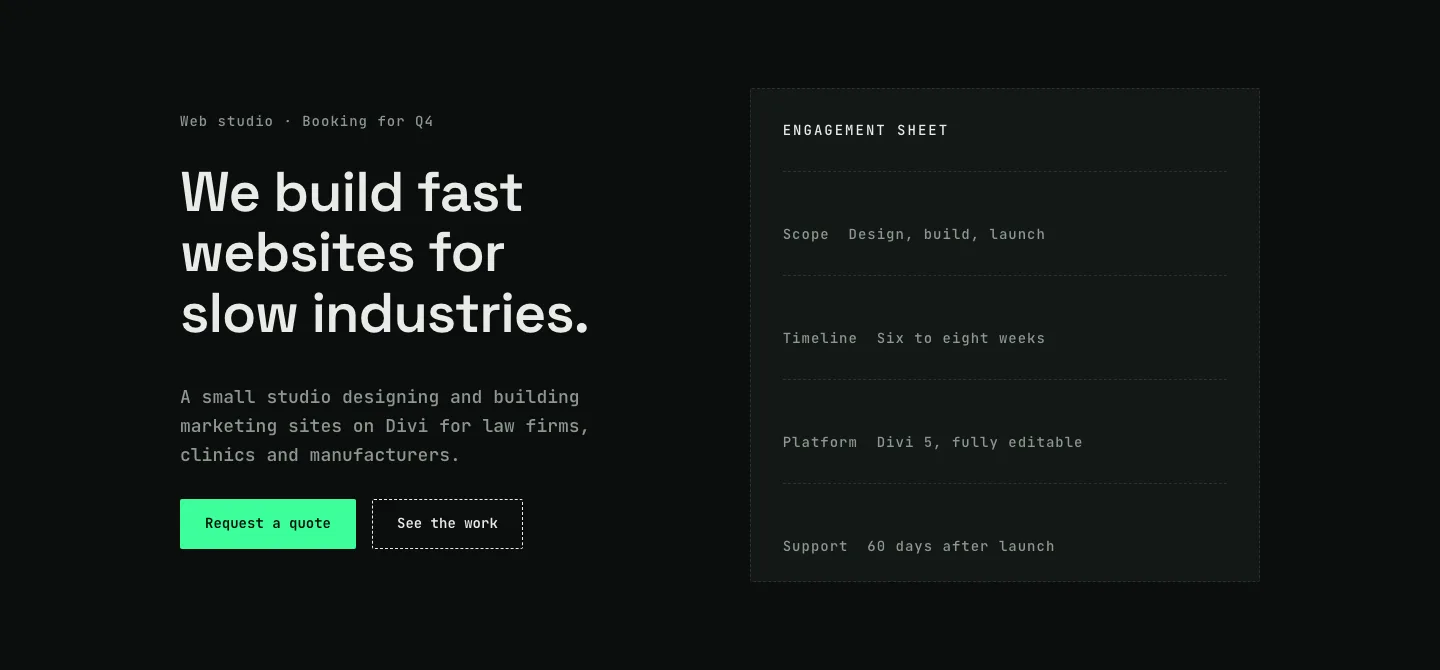 Dark Web Studio Agency Hero Section for Divi 5: Spec Card Layout, Agency Hero layout built with Divi 5