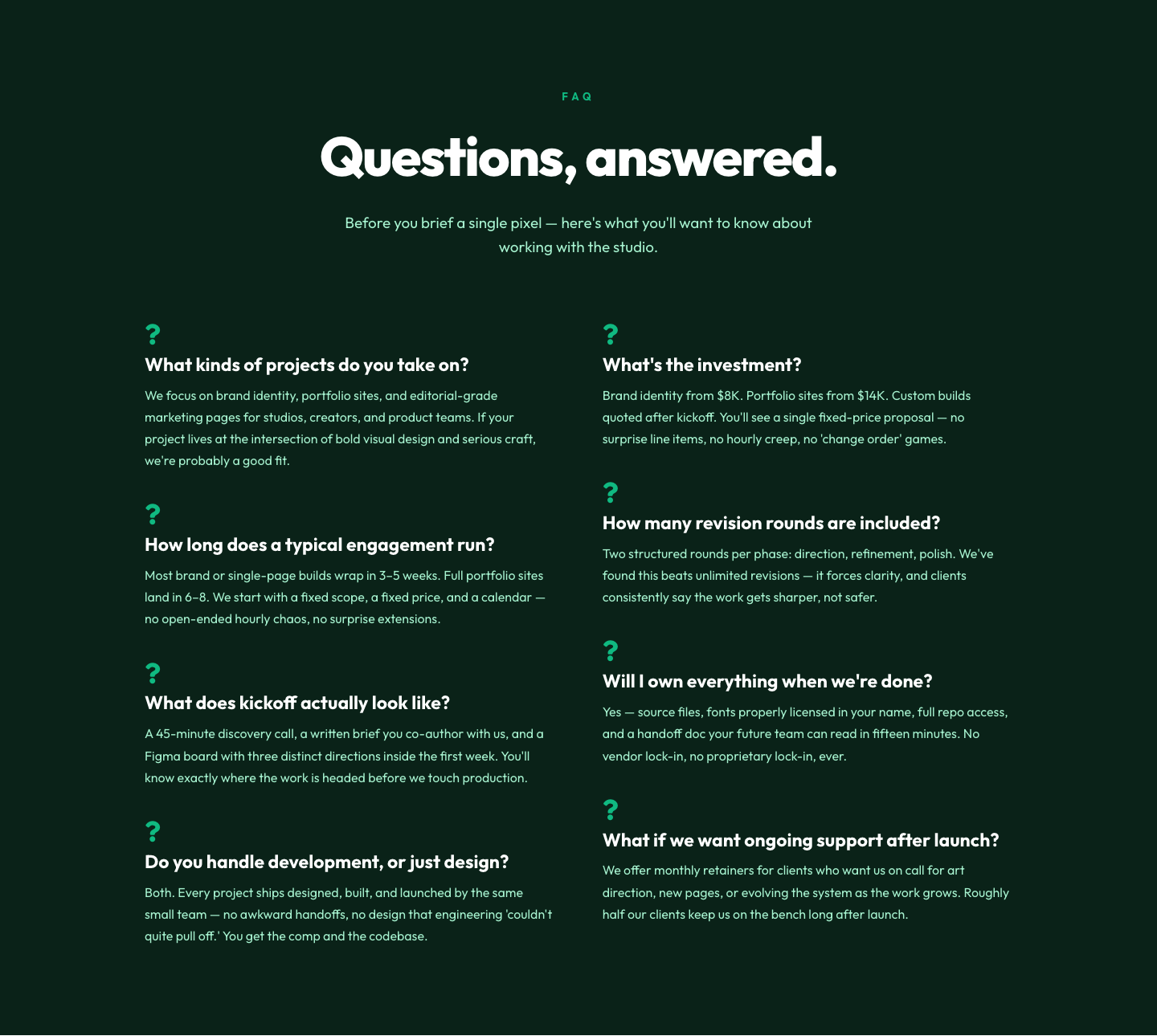 Bold Portfolio FAQ Section — Free Divi 5 Layout — desktop preview