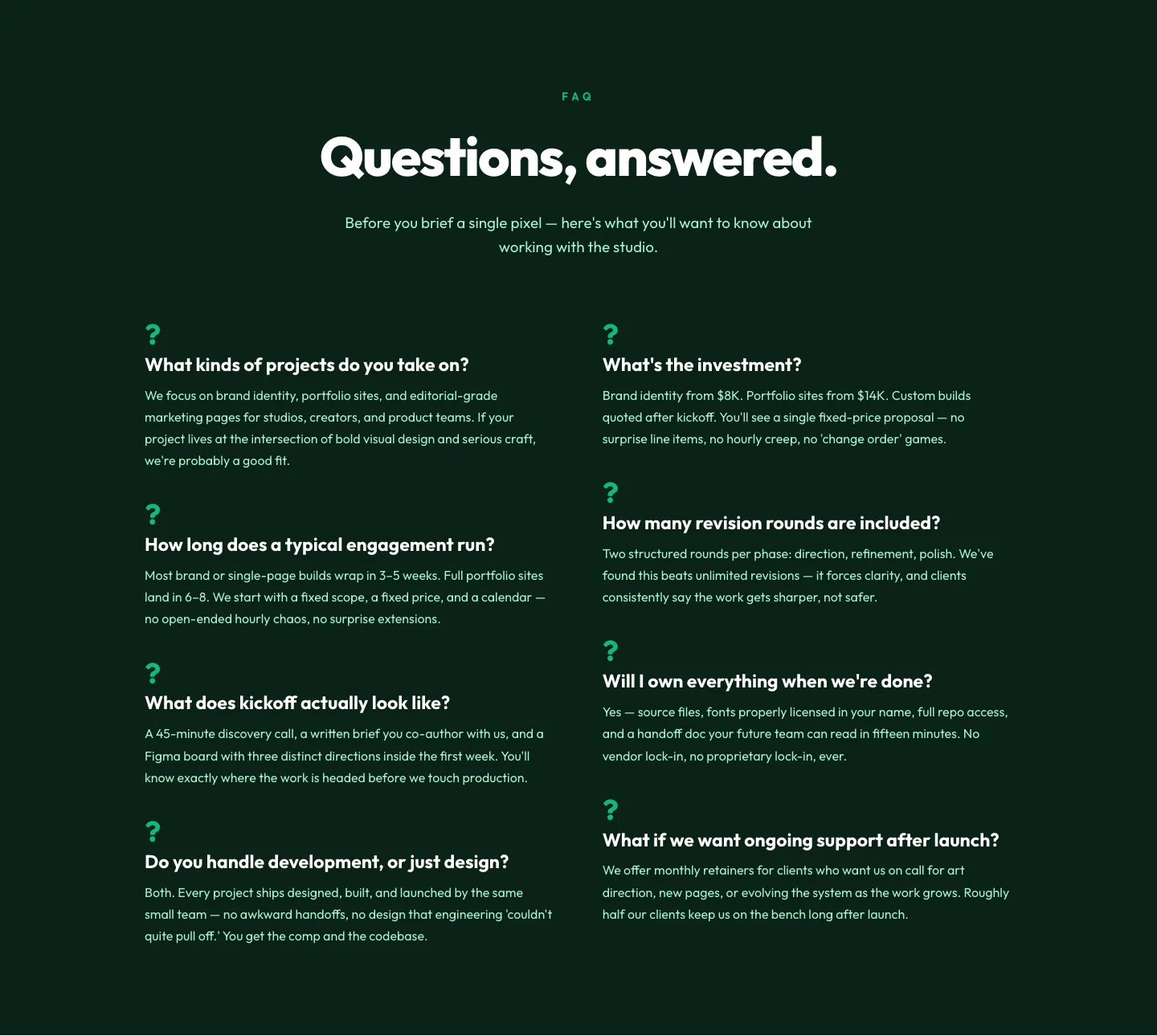 Bold Portfolio FAQ Section — Free Divi 5 Layout — Portfolio FAQ layout built with Divi 5