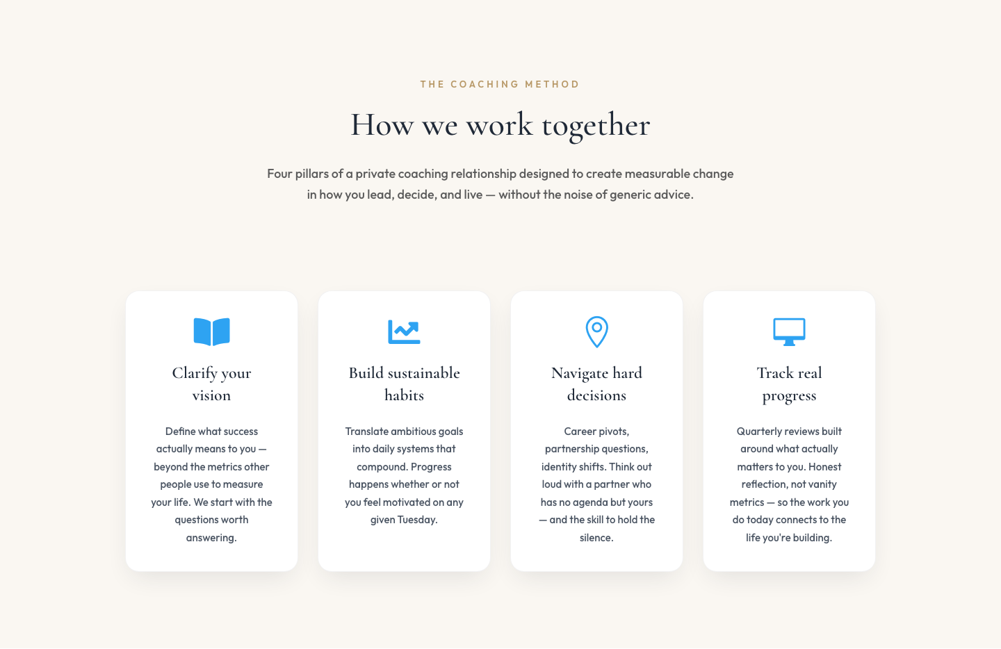 Elegant Coaching Pillars Cards Layout for Divi 5 — desktop preview