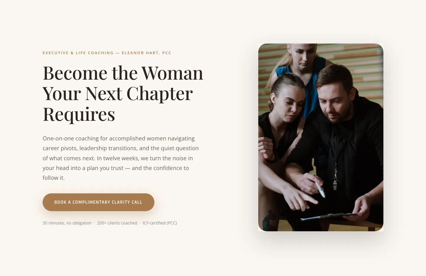 Elegant Coaching Hero Section — Divi 5 Layout with Clarity Call CTA — Coaching Hero layout built with Divi 5