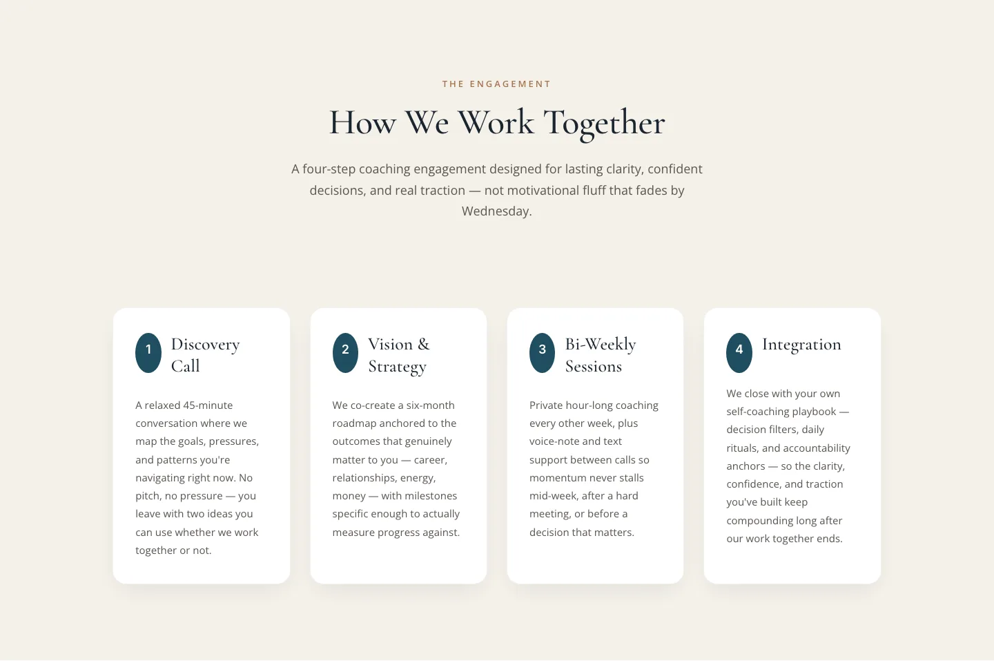 Coaching Process — 4-Step Engagement Cards Layout for Divi 5 — Coaching Cards layout built with Divi 5