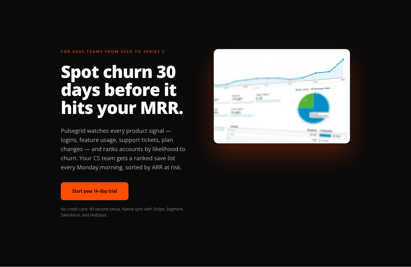 Pulsegrid Bold SaaS Hero — Churn Prediction Landing Section — desktop preview