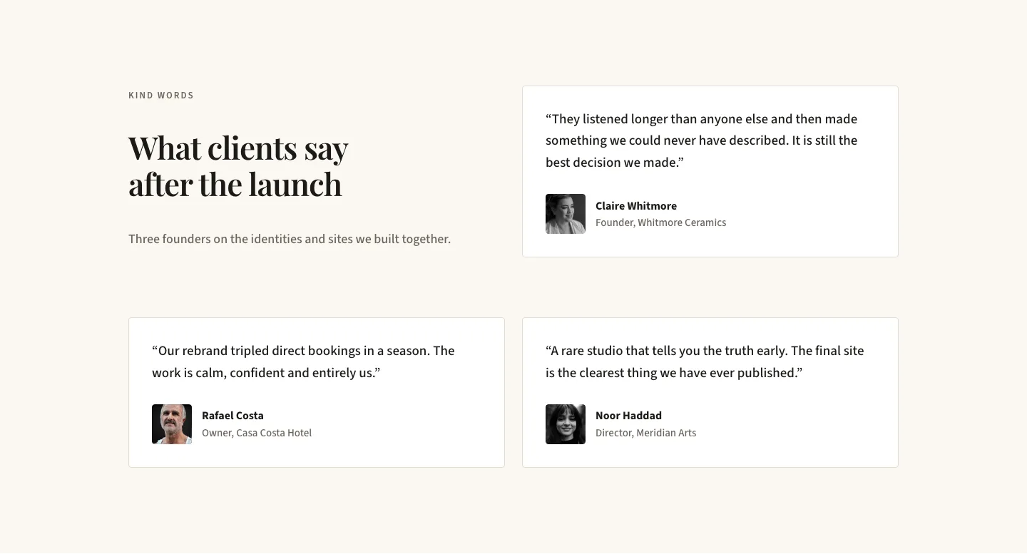 Editorial Design Studio Testimonials Layout for Divi 5: Three Client Quotes, Agency Testimonials layout built with Divi 5, desktop screenshot