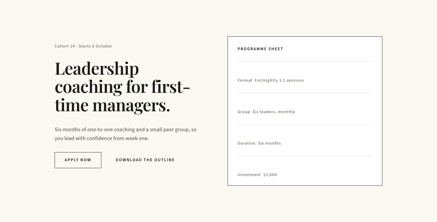 Editorial Executive Coaching Hero Section for Divi 5: Programme Sheet, Coaching Hero layout built with Divi 5