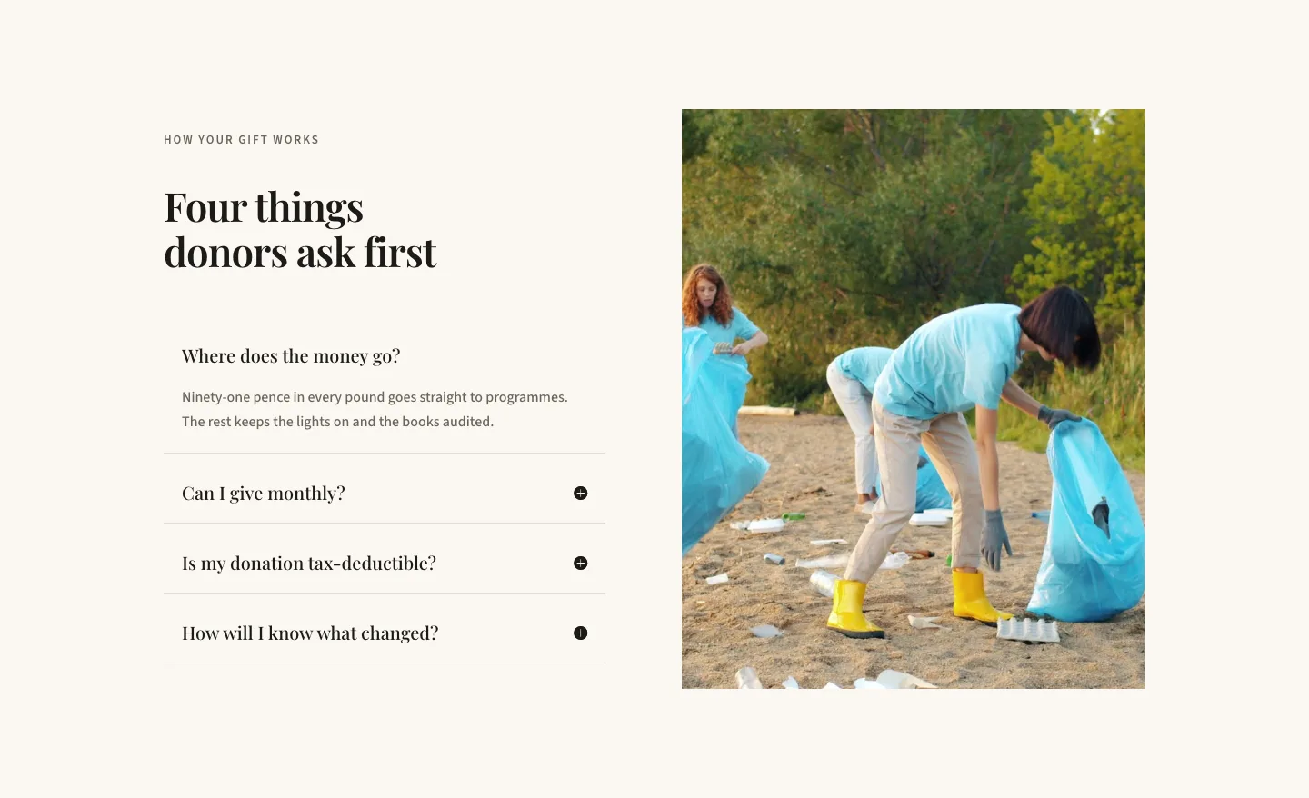Editorial Nonprofit Donor Questions Features Layout for Divi 5: Accordion with Image, Nonprofit Features layout built with Divi 5, desktop screenshot