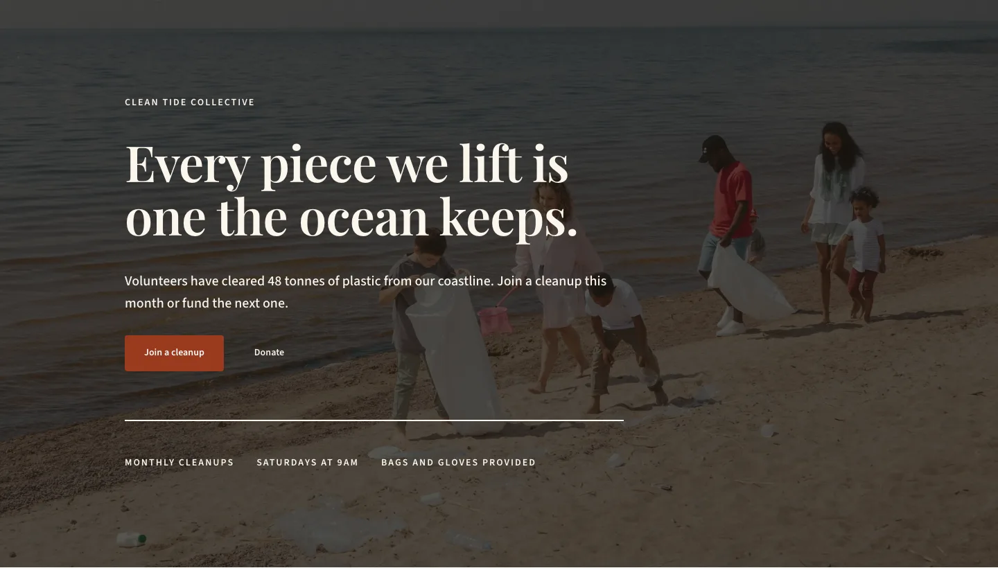 Editorial Nonprofit Hero Section for Divi 5: Beach Cleanup Charity, Nonprofit Hero layout built with Divi 5, desktop screenshot