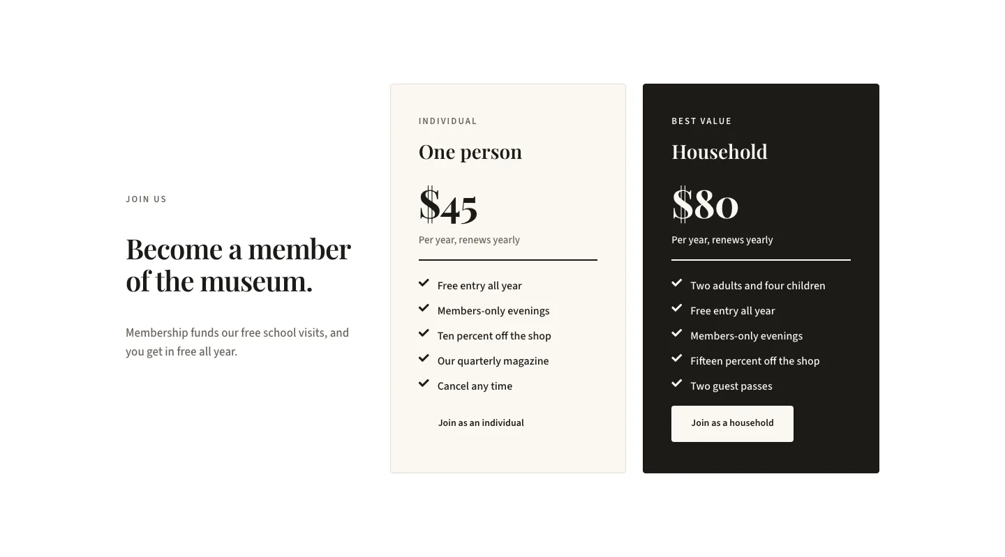 Editorial Nonprofit Membership Pricing Section for Divi 5: Two-Plan Highlight, Nonprofit Pricing layout built with Divi 5, desktop screenshot