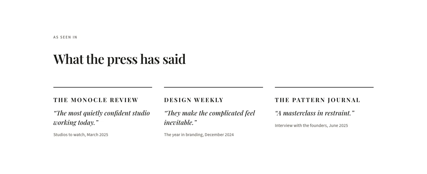 Editorial Studio Press Quotes Layout for Divi 5: Three Publications, Agency Testimonials layout built with Divi 5