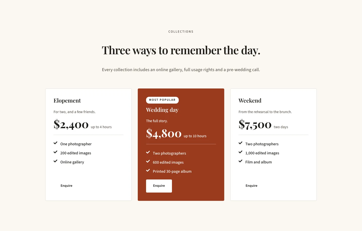 Editorial Wedding Photographer Pricing Section for Divi 5: Three-Tier Packages, Portfolio Pricing layout built with Divi 5, desktop screenshot