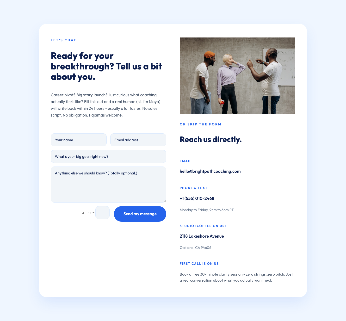 Playful Coaching Contact Page Layout for Divi 5 - Free Download — desktop preview
