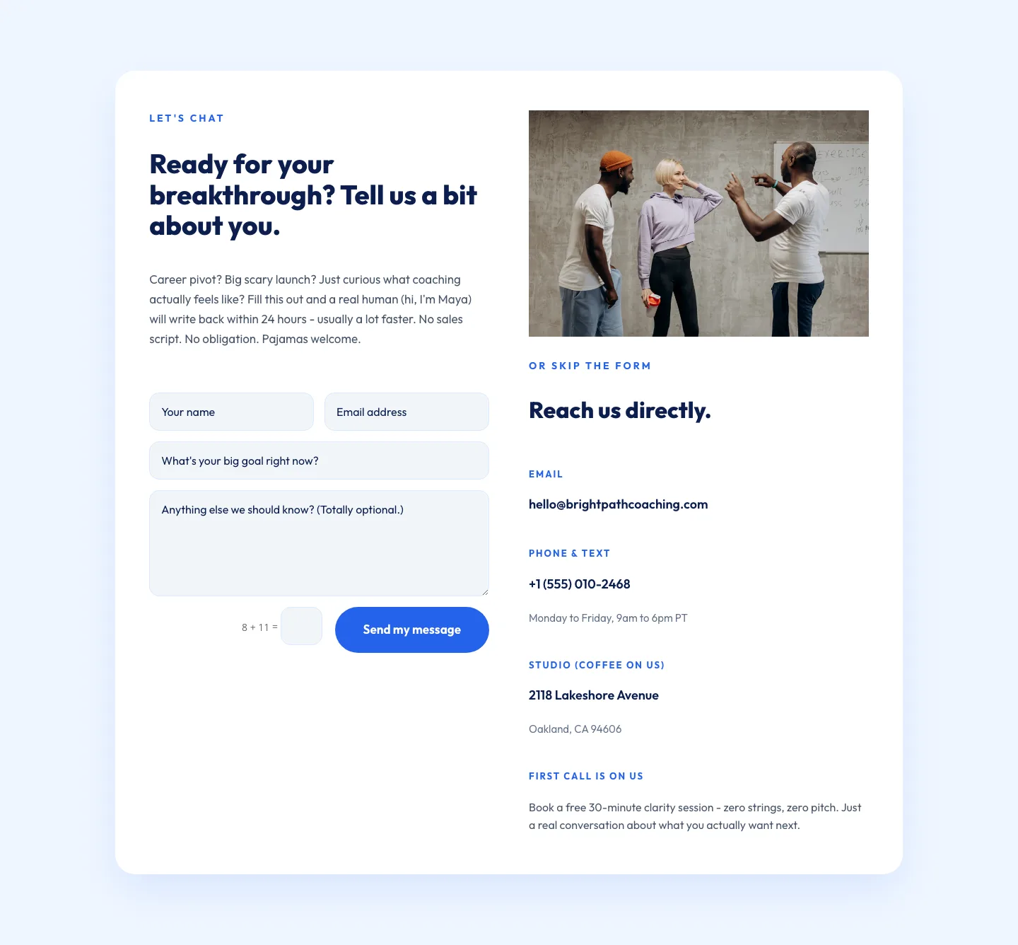 Playful Coaching Contact Page Layout for Divi 5 - Free Download — Coaching Contact layout built with Divi 5