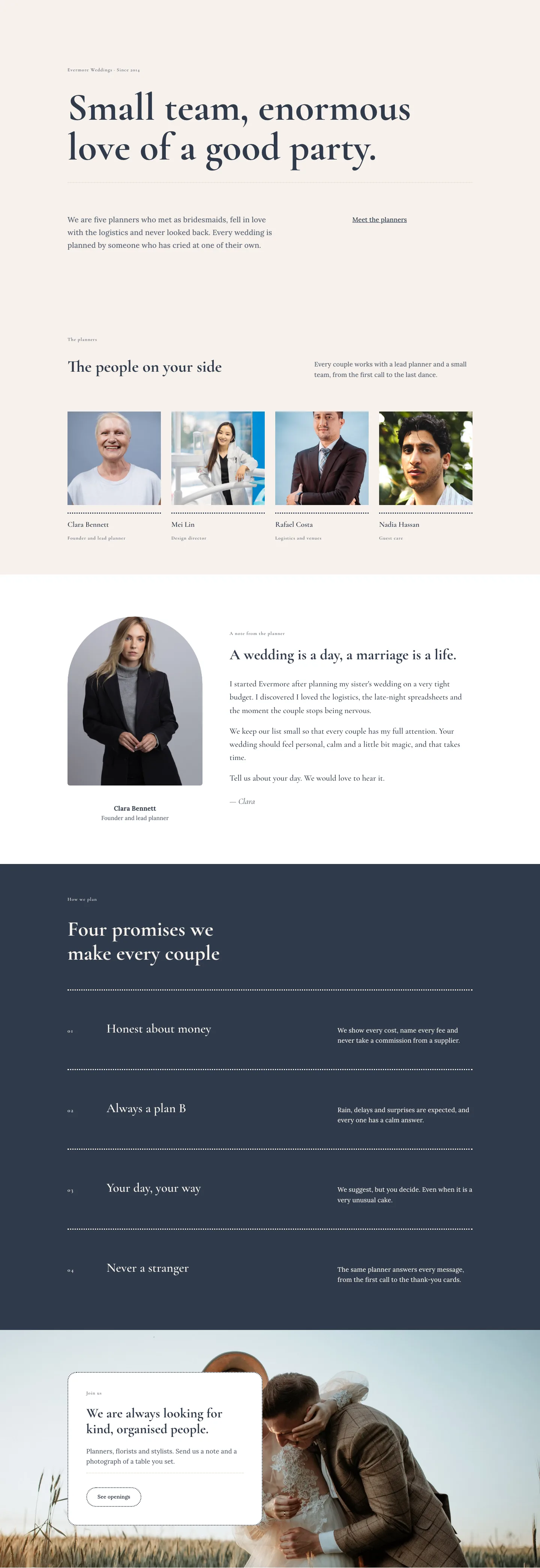 Evermore Weddings — Elegant Wedding_planner About Page for Divi 5, Wedding Planner Full Landing layout built with Divi 5, desktop screenshot