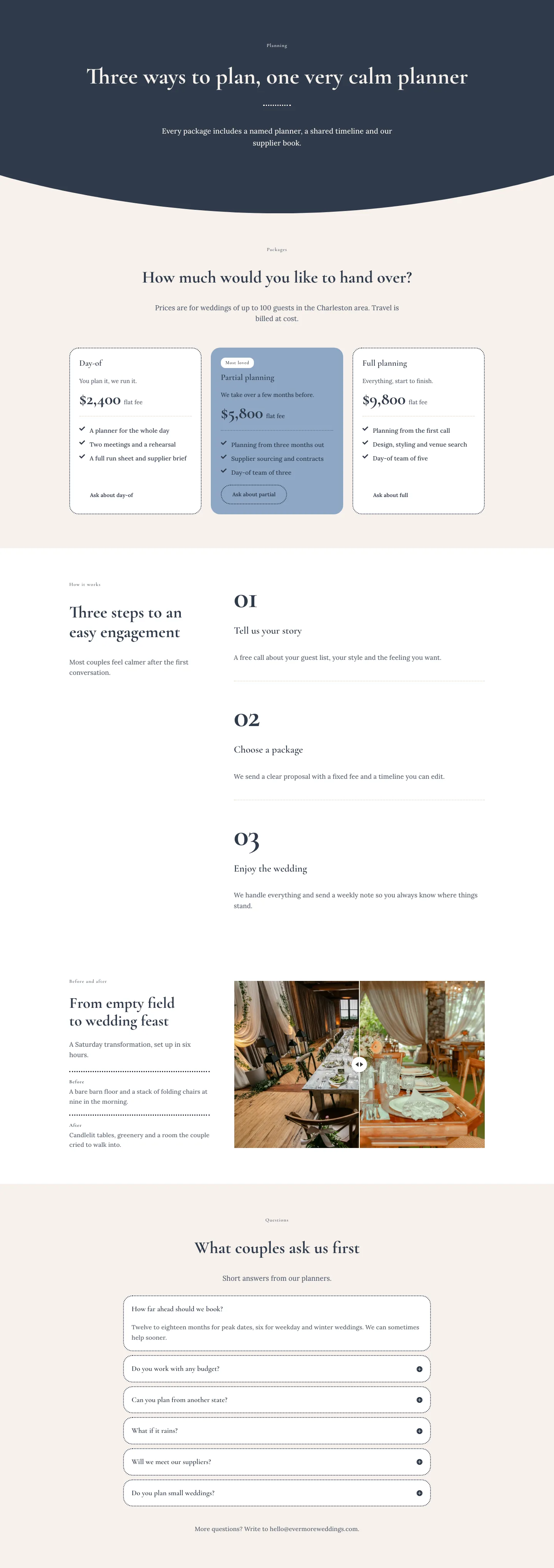 Evermore Weddings — Elegant Wedding_planner Planning Page for Divi 5, Wedding Planner Full Landing layout built with Divi 5, desktop screenshot
