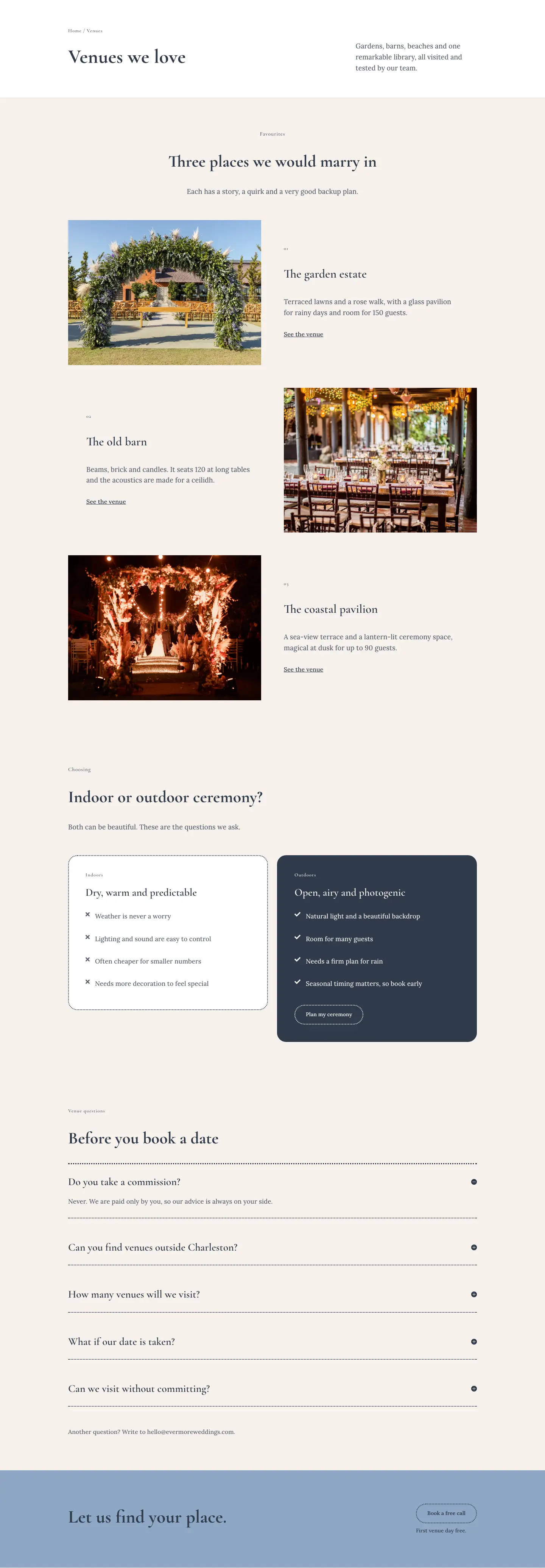 Evermore Weddings — Elegant Wedding_planner Venues Page for Divi 5, Wedding Planner Full Landing layout built with Divi 5, desktop screenshot