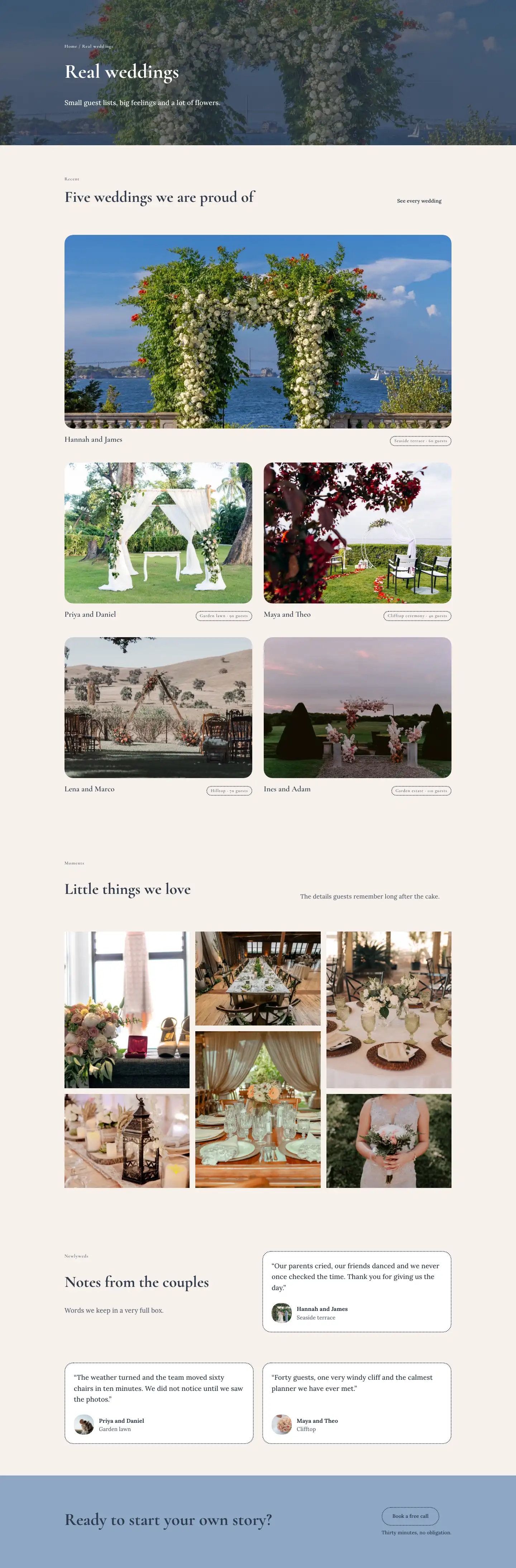 Evermore Weddings — Elegant Wedding_planner Real Weddings Page for Divi 5, Wedding Planner Full Landing layout built with Divi 5, desktop screenshot