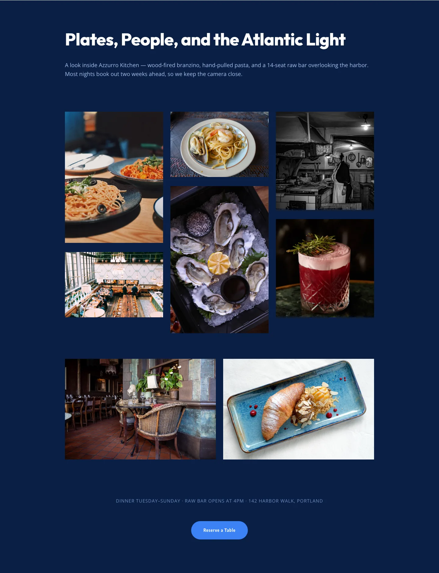 Bold Restaurant Gallery Layout for Divi 5 — Coastal Dining Showcase — Restaurant Gallery layout built with Divi 5