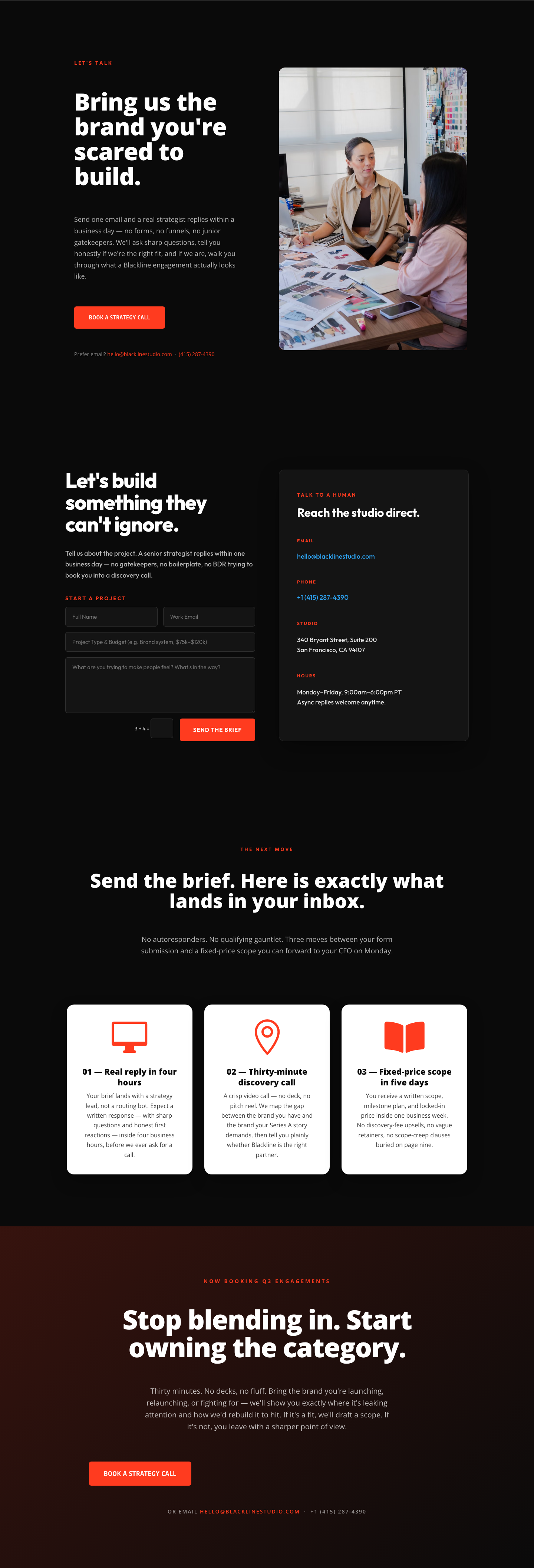 Blackline Studio — Bold Agency Contact Page for Divi 5 — desktop preview