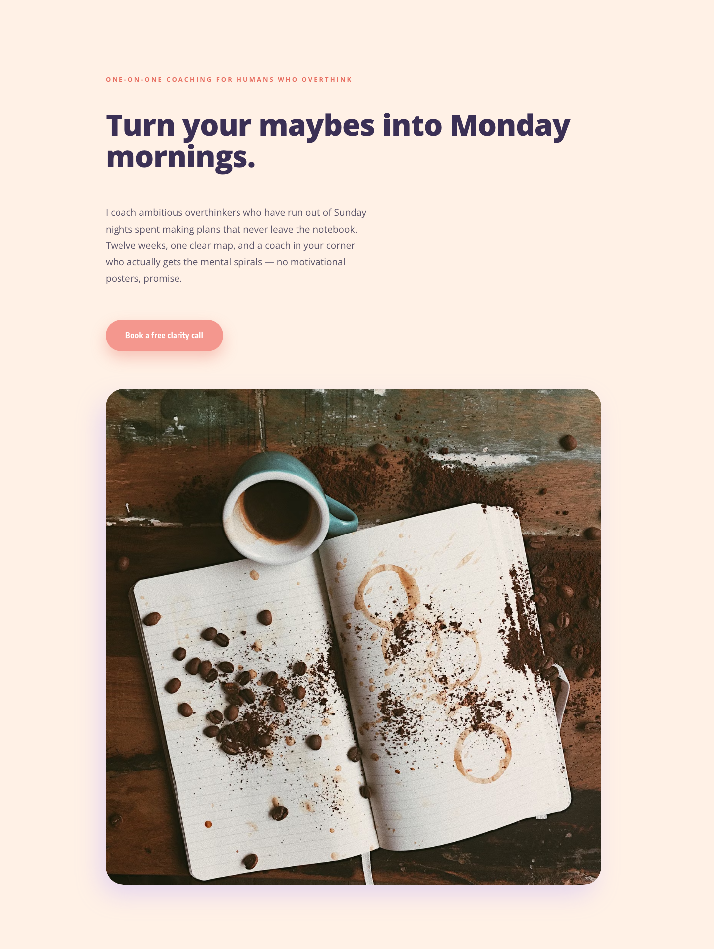 Playful Coaching Hero for Overthinkers — Divi 5 Layout — desktop preview