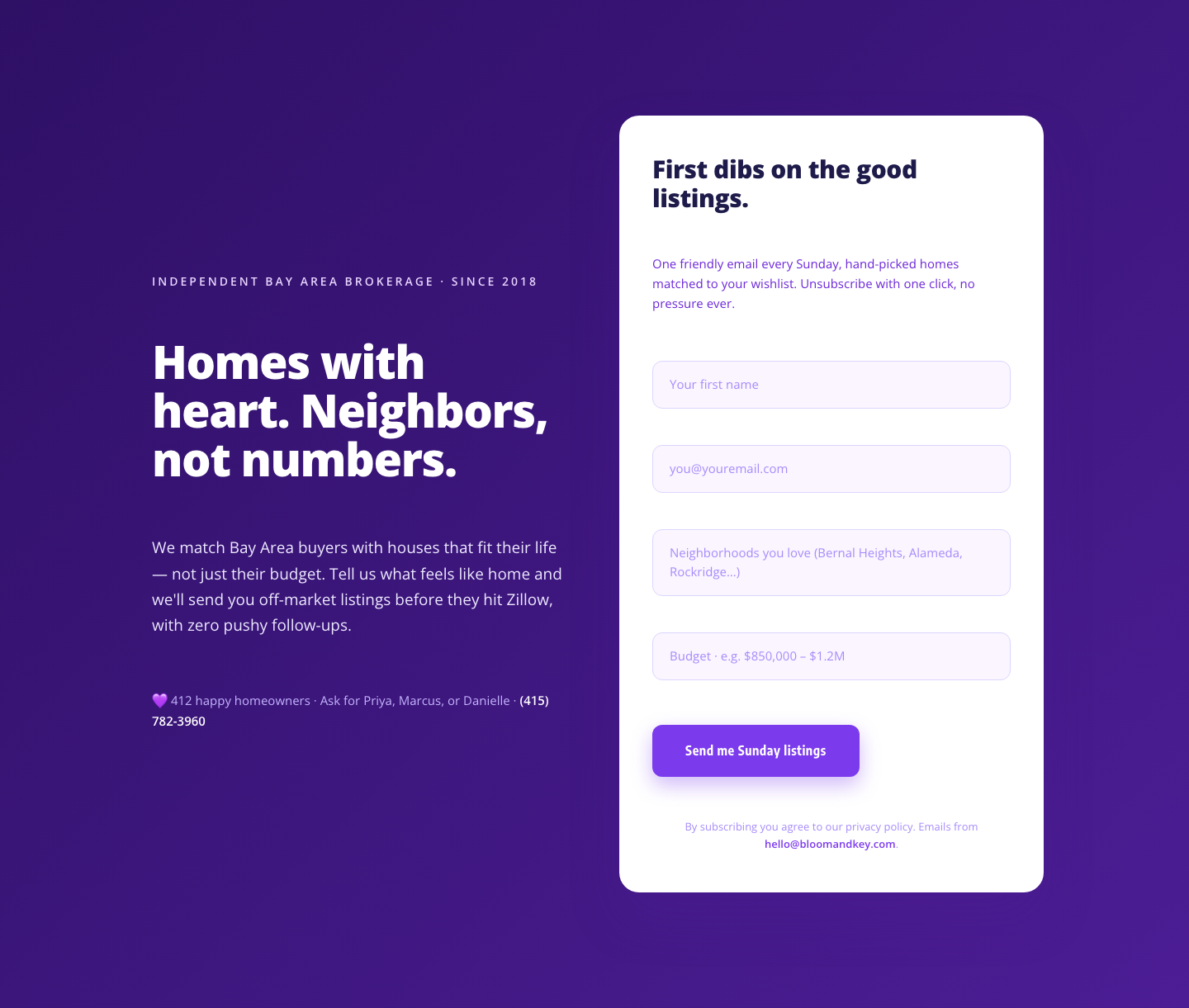 Playful Purple Real Estate Hero — Signup Split | Divi 5 Layout — desktop preview