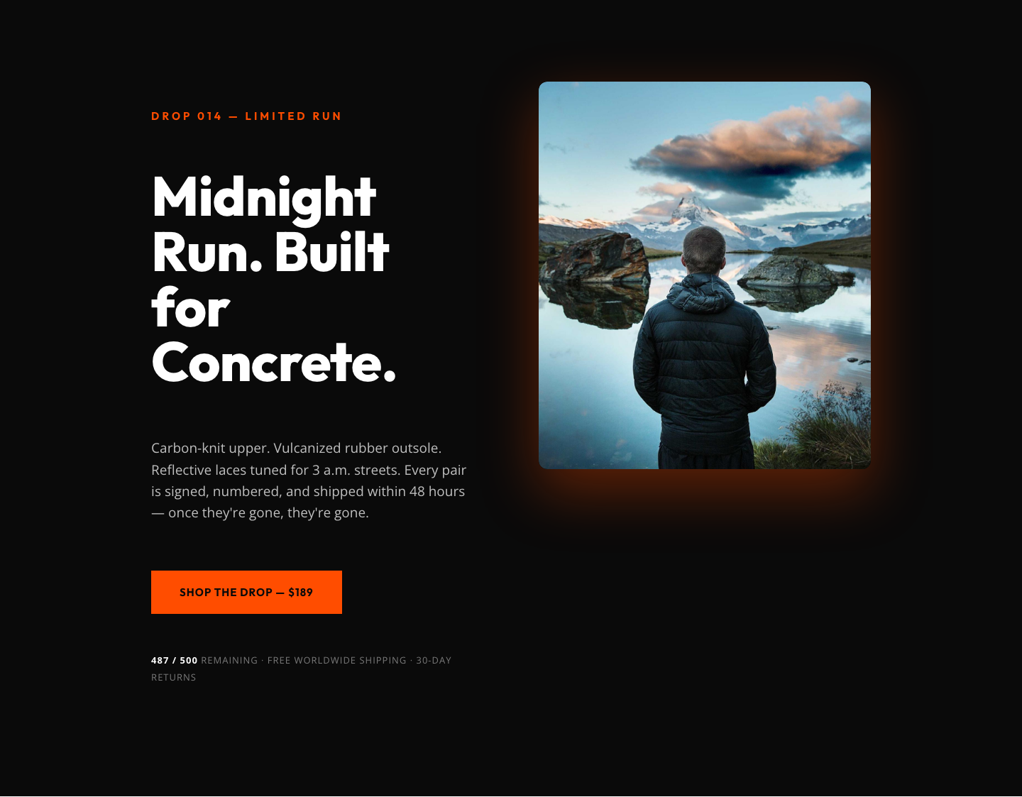 Midnight Run Drop 014 — Bold Ecommerce Product Hero — desktop preview