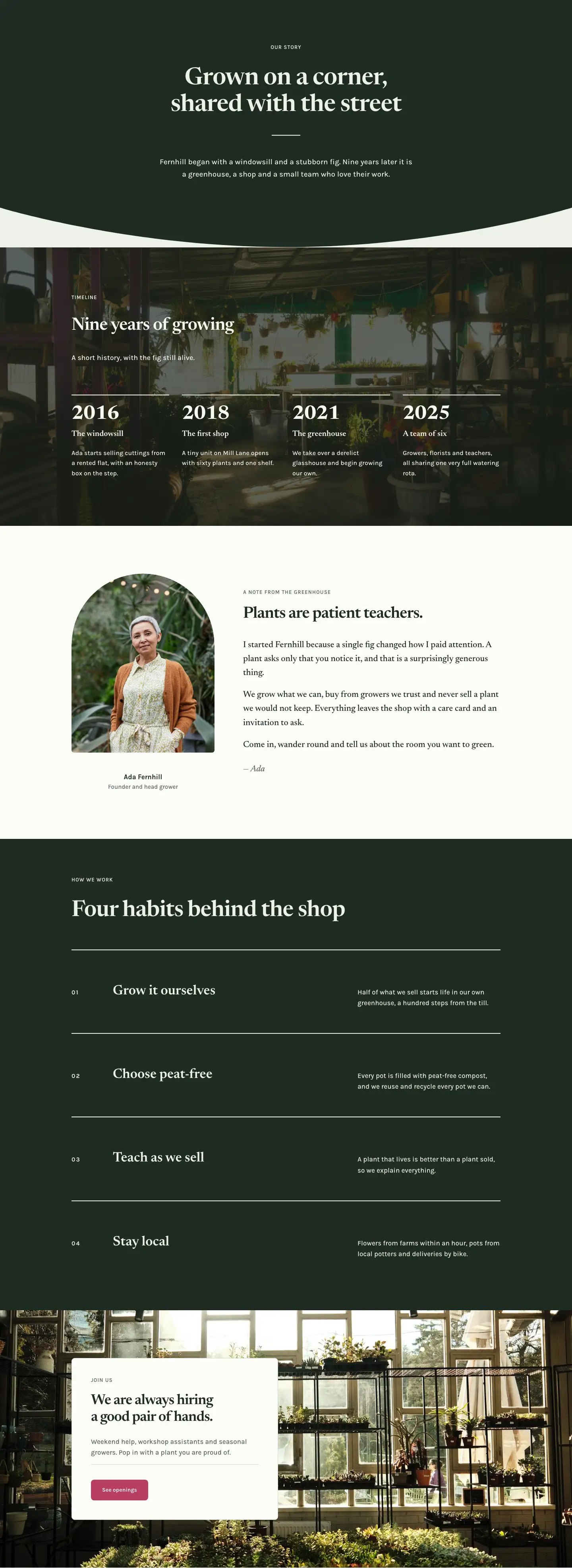 Fernhill Botanicals — Minimal Plant_shop Our Story Page for Divi 5, Plant Shop Full Landing layout built with Divi 5, desktop screenshot