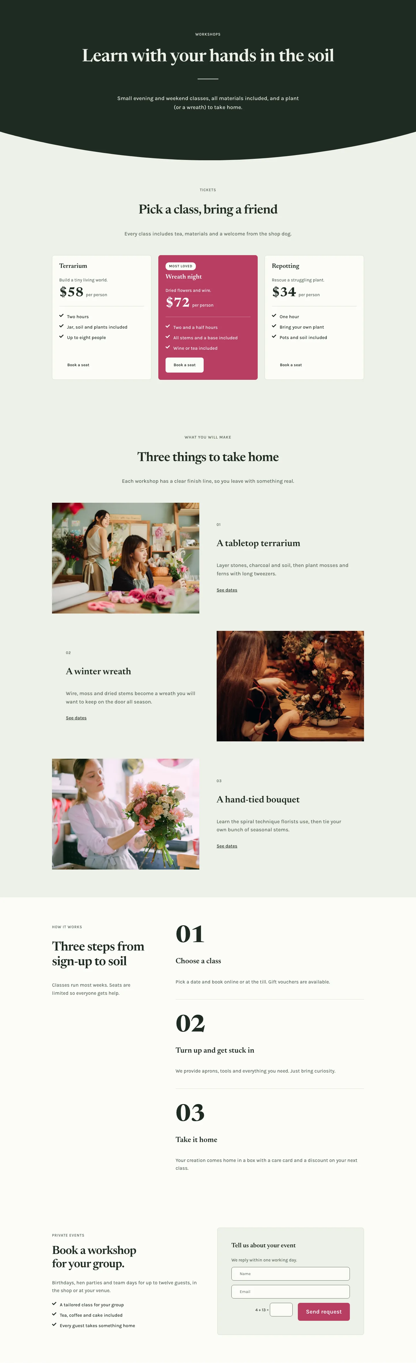 Fernhill Botanicals — Minimal Plant_shop Workshops Page for Divi 5, Plant Shop Full Landing layout built with Divi 5, desktop screenshot