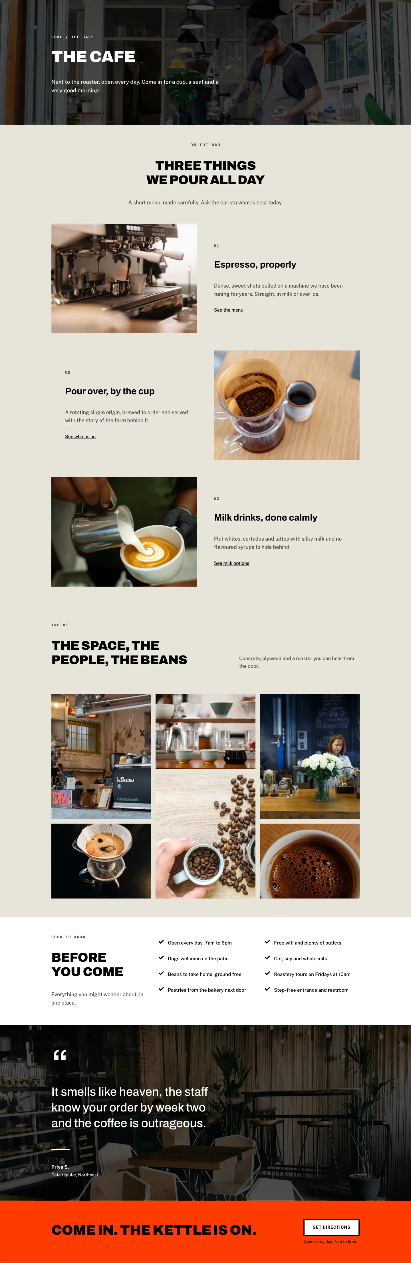 Fieldnote Coffee Roasters — Brutalist Coffee The Cafe Page for Divi 5, Coffee Full Landing layout built with Divi 5, desktop screenshot
