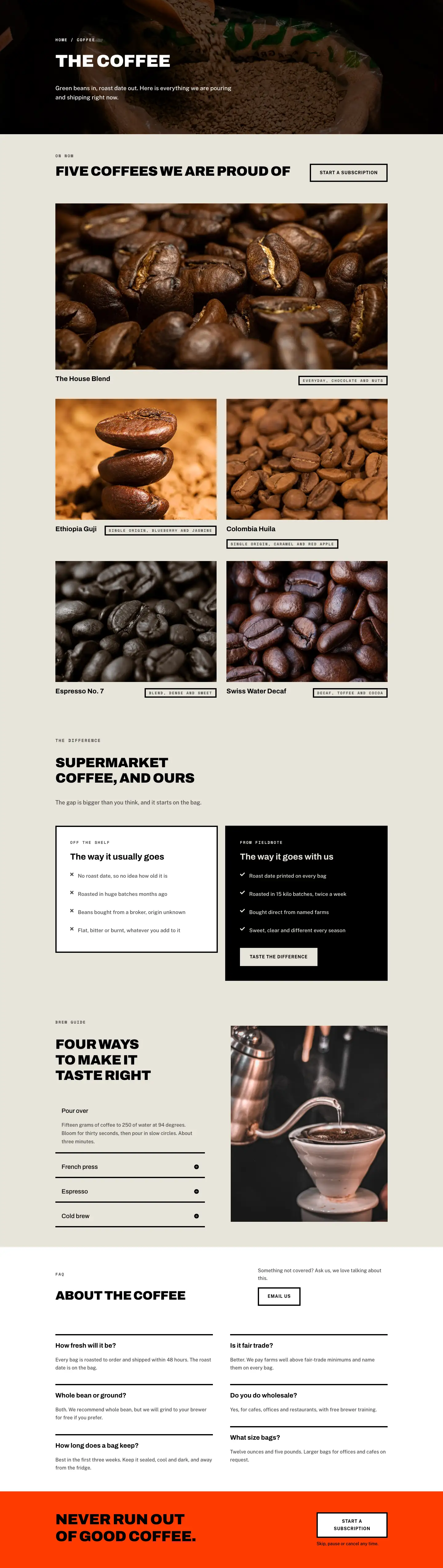 Fieldnote Coffee Roasters — Brutalist Coffee Coffee Page for Divi 5, Coffee Full Landing layout built with Divi 5, desktop screenshot