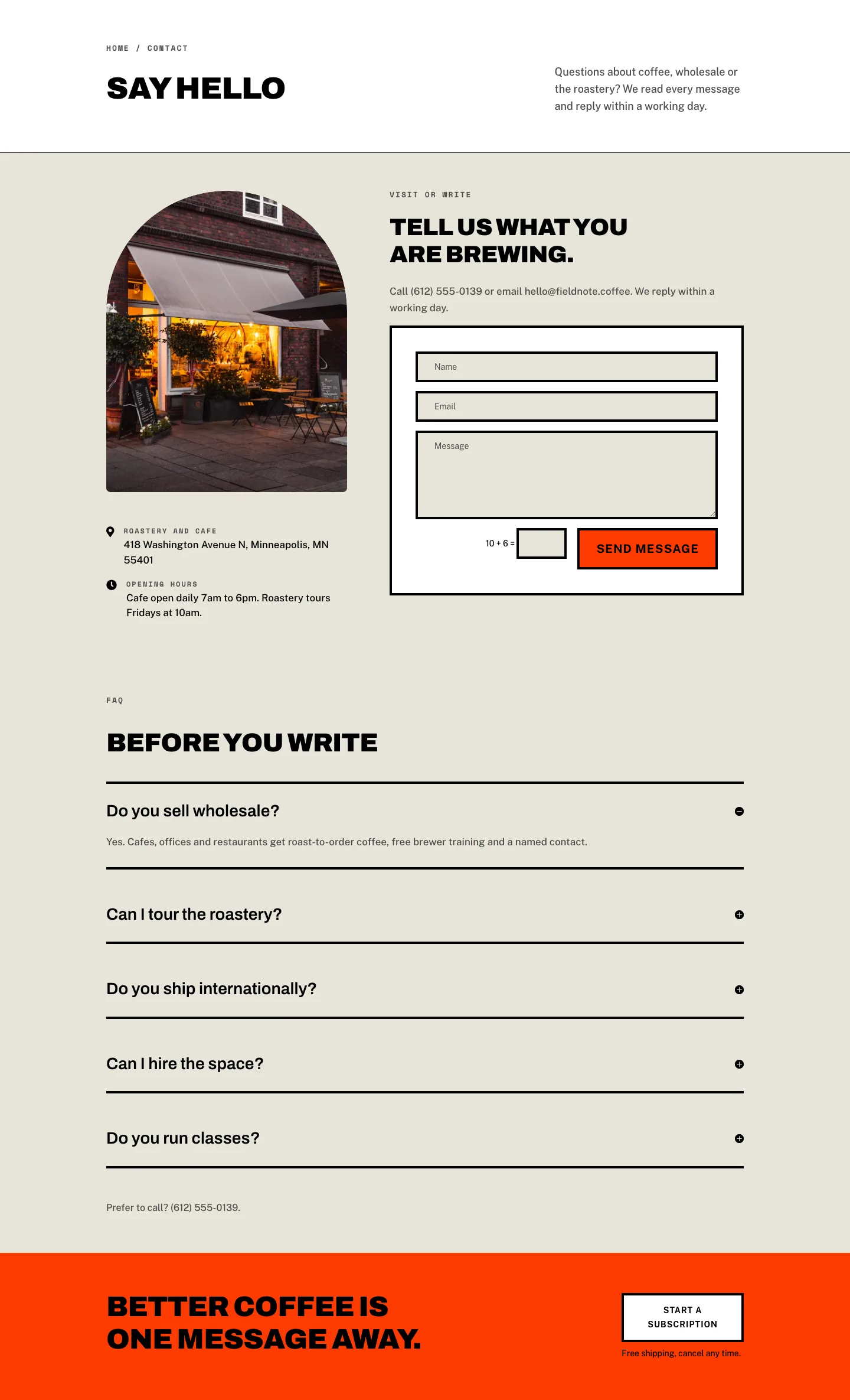 Fieldnote Coffee Roasters — Brutalist Coffee Contact Page for Divi 5, Coffee Full Landing layout built with Divi 5, desktop screenshot
