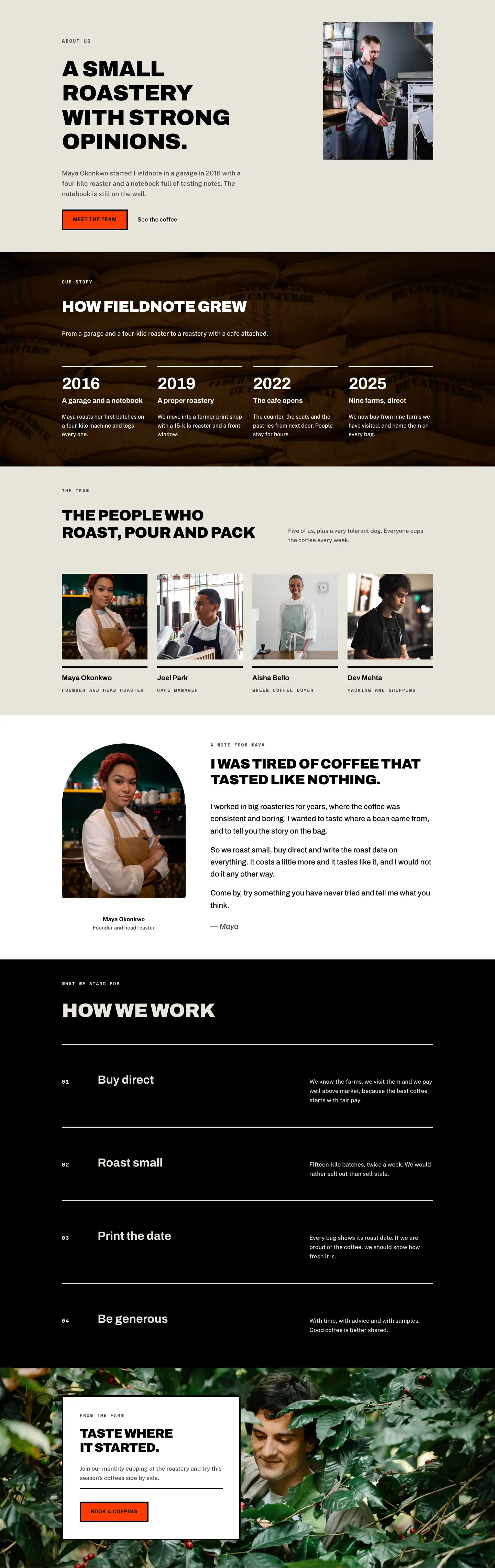 Fieldnote Coffee Roasters — Brutalist Coffee The Roastery Page for Divi 5, Coffee Full Landing layout built with Divi 5, desktop screenshot
