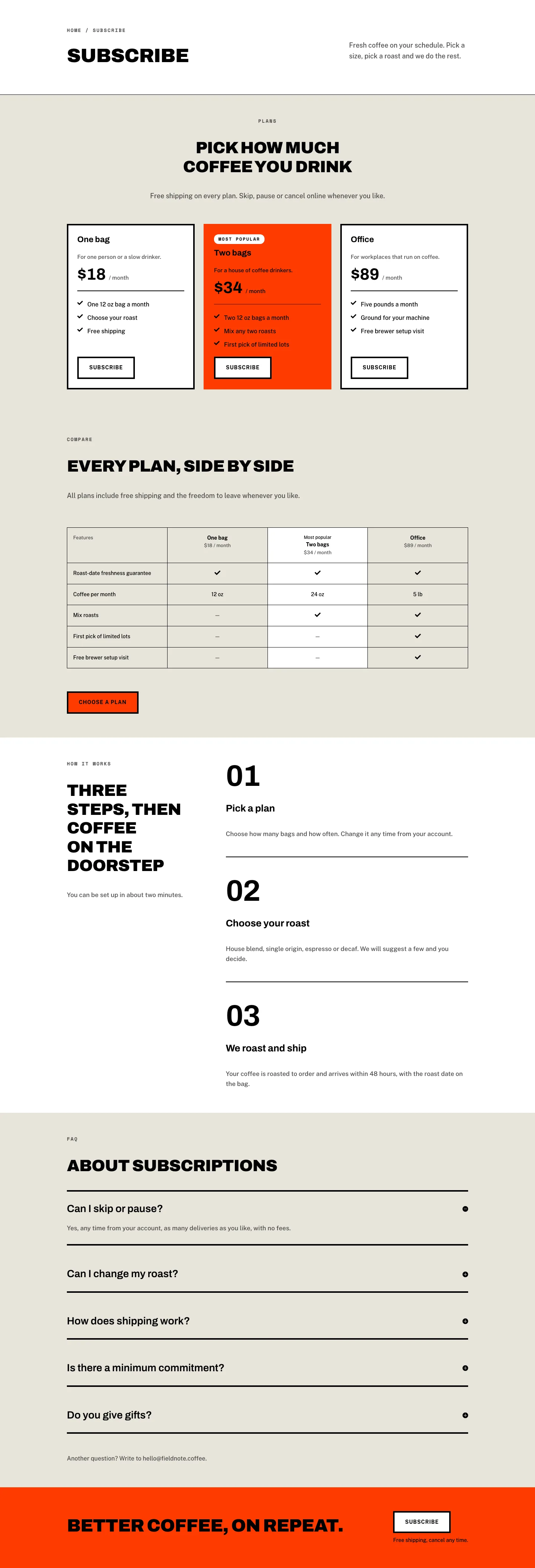 Fieldnote Coffee Roasters — Brutalist Coffee Subscribe Page for Divi 5, Coffee Full Landing layout built with Divi 5, desktop screenshot