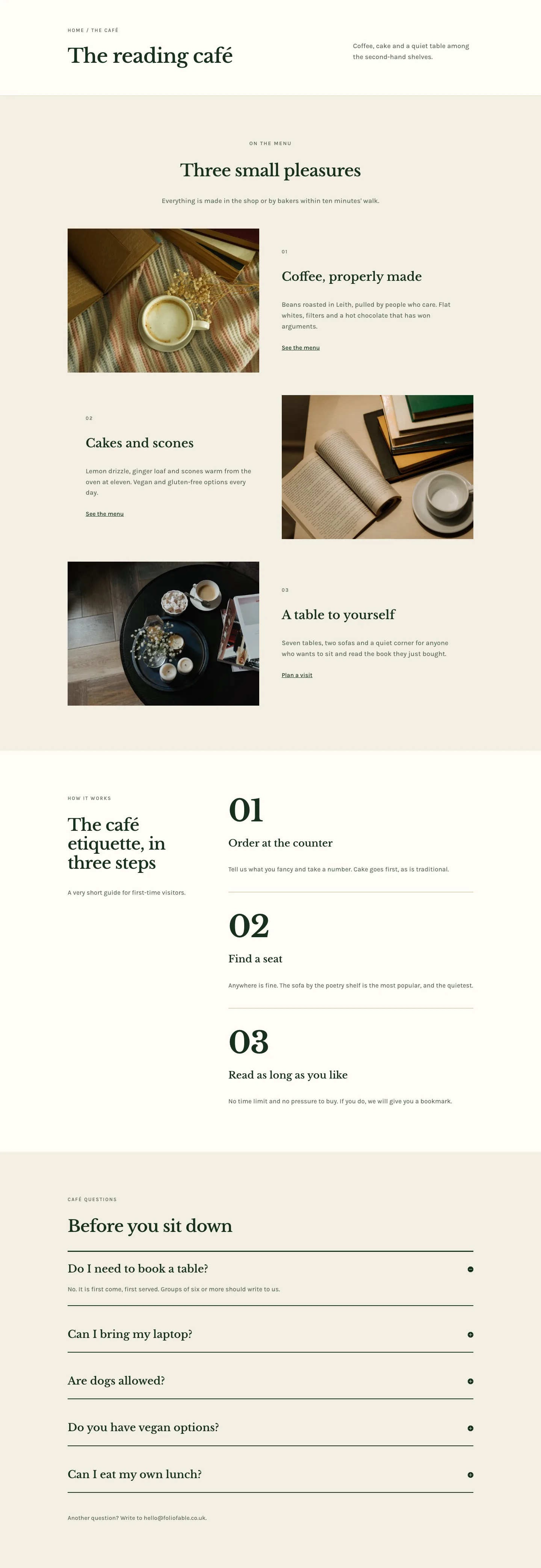 Folio & Fable — Elegant Bookshop The Café Page for Divi 5, Bookshop Full Landing layout built with Divi 5